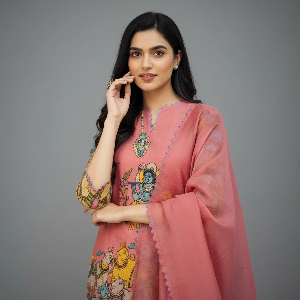 Cotton Kurta Set Pink with Floral Design with Coordinated Dupatta - Image 4